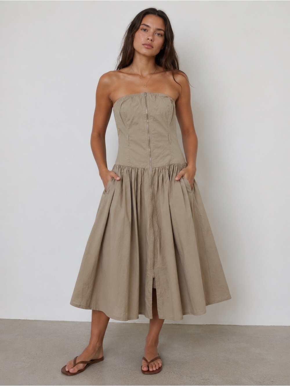 Strapless Midi Dress in Taupe with Front Zip